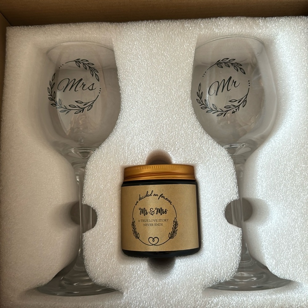 Engagement themed stem wineglasses, candle & cheeseboard set -NWOT